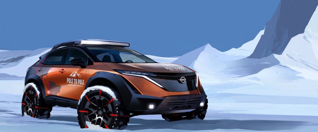 Nissan Ariya e-4ORCE lors d'une expédition du pôle Nord au pôle Sud.