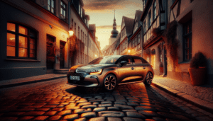 Voiture Citroën C4 garée sur une rue pavée au crépuscule, illuminée par la douce lumière dorée du soleil couchant.