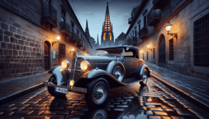 Model de voiture Delage D8-120 argent foncé dans Paris, tour Eiffel en arrière-plan.