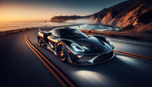 Modèle de voiture Genesis G70 noir roulant sur une autoroute côtière au coucher du soleil.