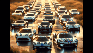 Model de voiture en K, lineup de véhicules a l'heure dorée.