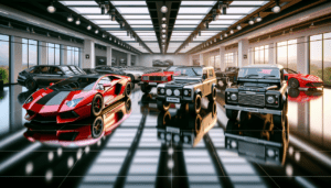 Afficher modèle de voiture L : Lamborghini, Lancia, Land Rover et Lexus dans salle d'exposition.