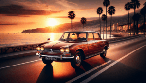 Voiture vintage Peugeot 504 - French Riviera, coucher de soleil sur mer et palmiers.