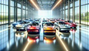 Modèle de voiture en Q dans une concession automobile lumineuse en journée.