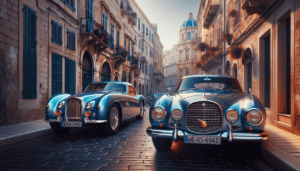 Créer image : "Renault et Rolls-Royce garées dans une rue européenne ensoleillée, côté pavs, piétons, bâtiments."