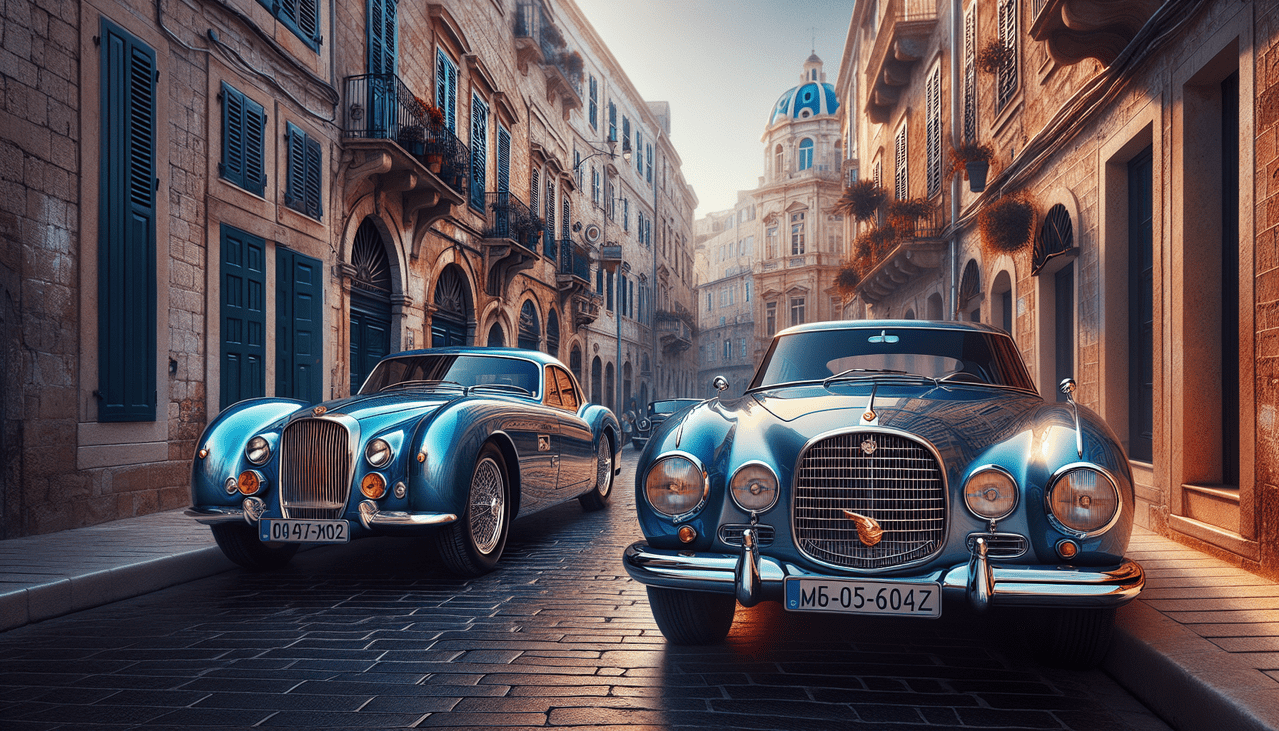 Créer image : "Renault et Rolls-Royce garées dans une rue européenne ensoleillée, côté pavs, piétons, bâtiments."