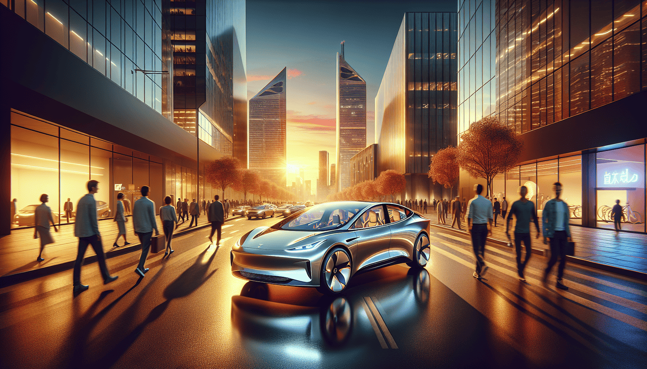 Modèle de voiture en T de luxe sur une rue animée, entouré de piétons, avec un environnement urbain moderne au coucher du soleil.