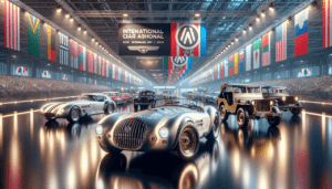 Modèle de voiture W exposé dans un salon automobile de luxe.