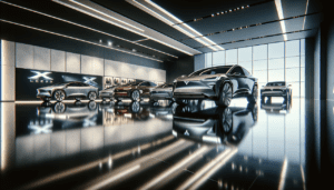 Modèle de voiture en X, exposé dans une salle d'exposition de luxe, éclairage dynamique et mises en valeur détaillées.