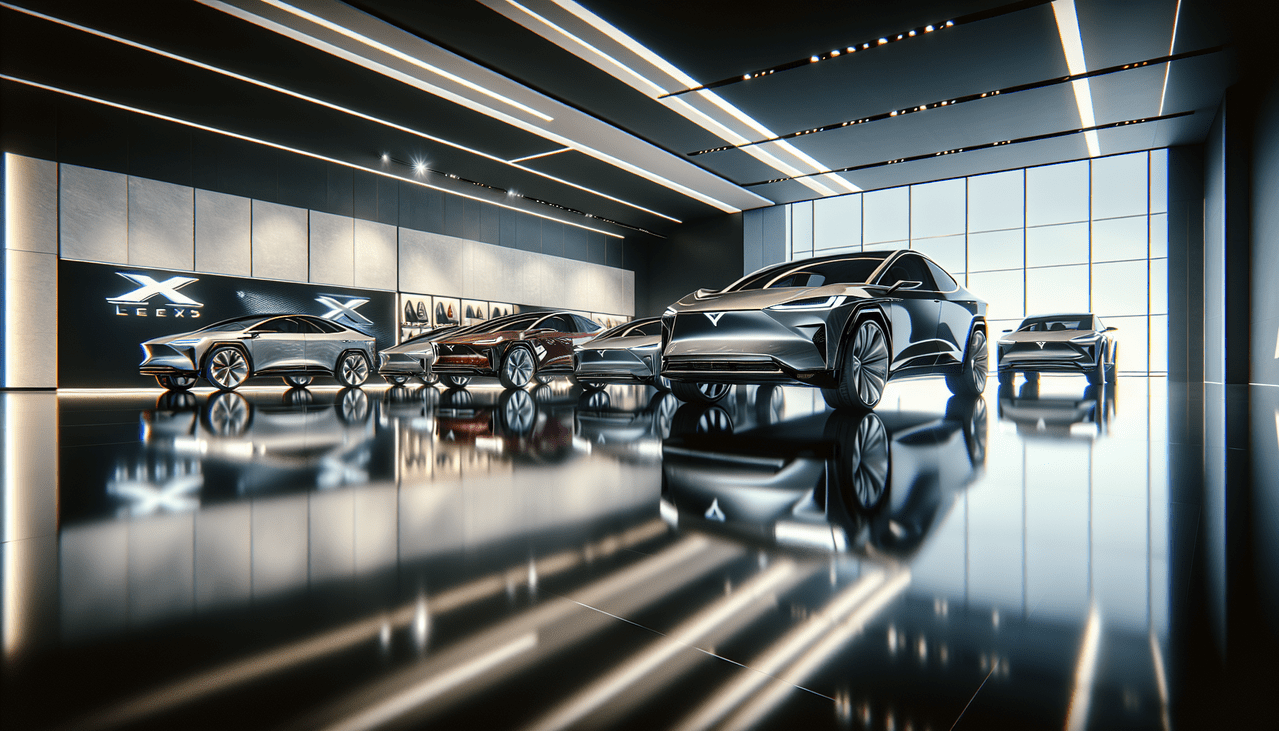 Modèle de voiture en X, exposé dans une salle d'exposition de luxe, éclairage dynamique et mises en valeur détaillées.