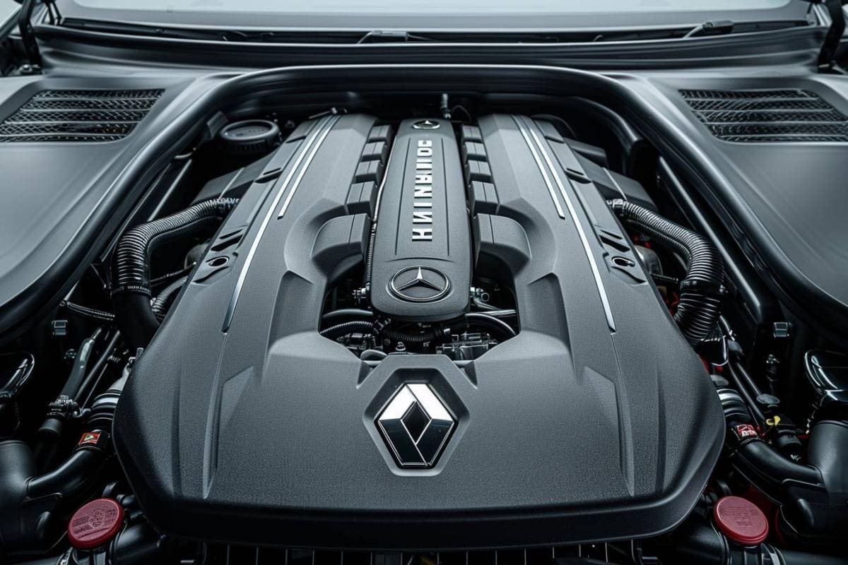 Vue détaillée d'un moteur Renault utilisé par Mercedes, illustrant la fiabilité mécanique