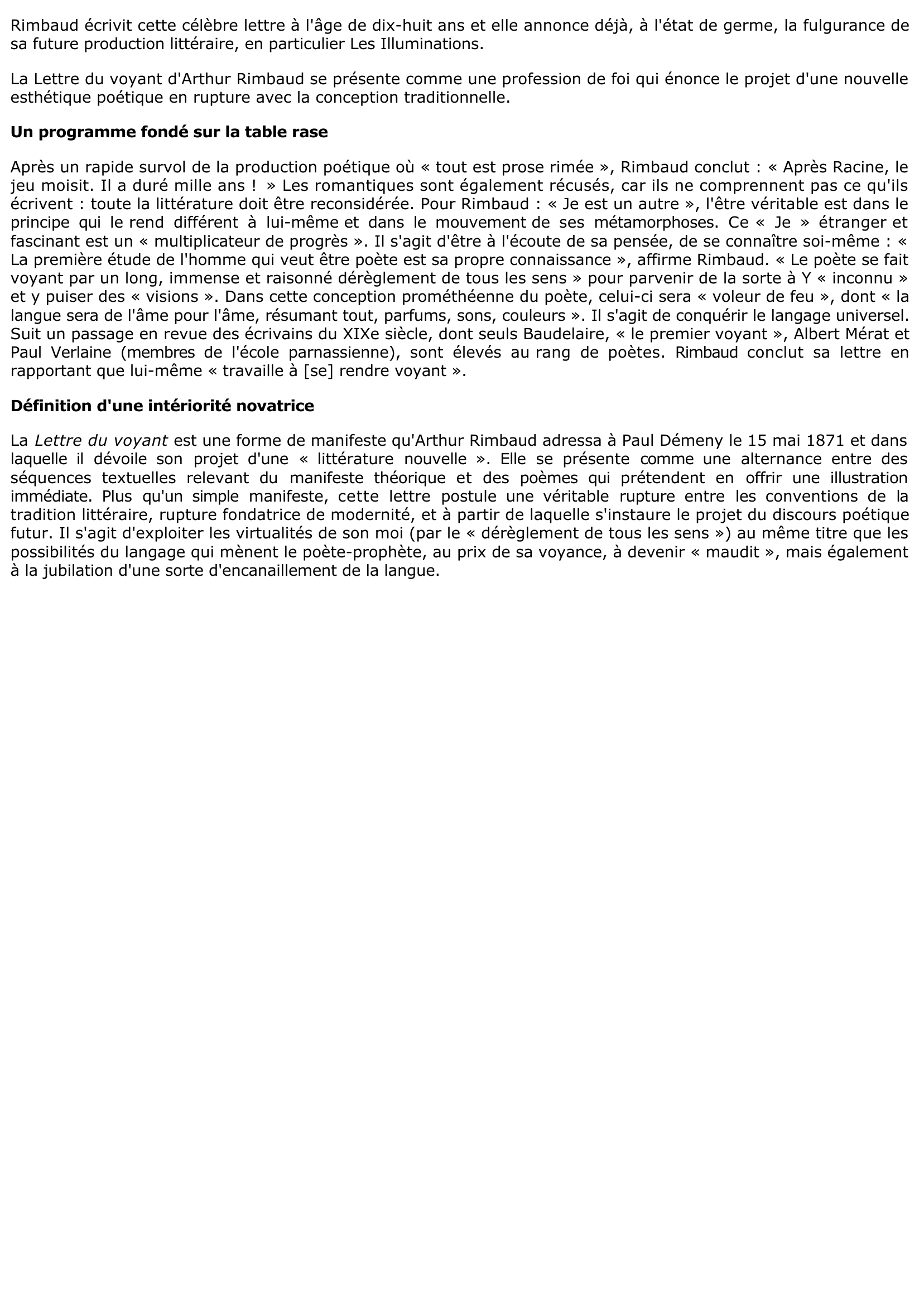 Lettre du voyant - Résumé et analyse