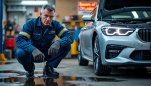 Voiture en maintenance illustrant les risques de rouler avec trop d'huile moteur