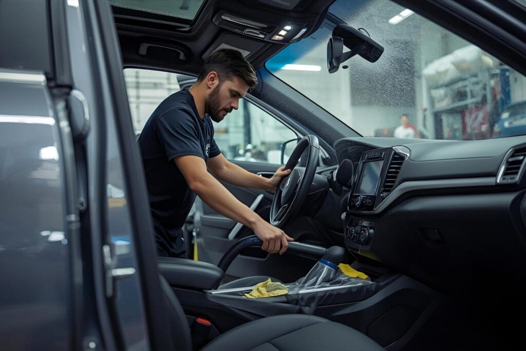 personne qui nettoye voiture interieur