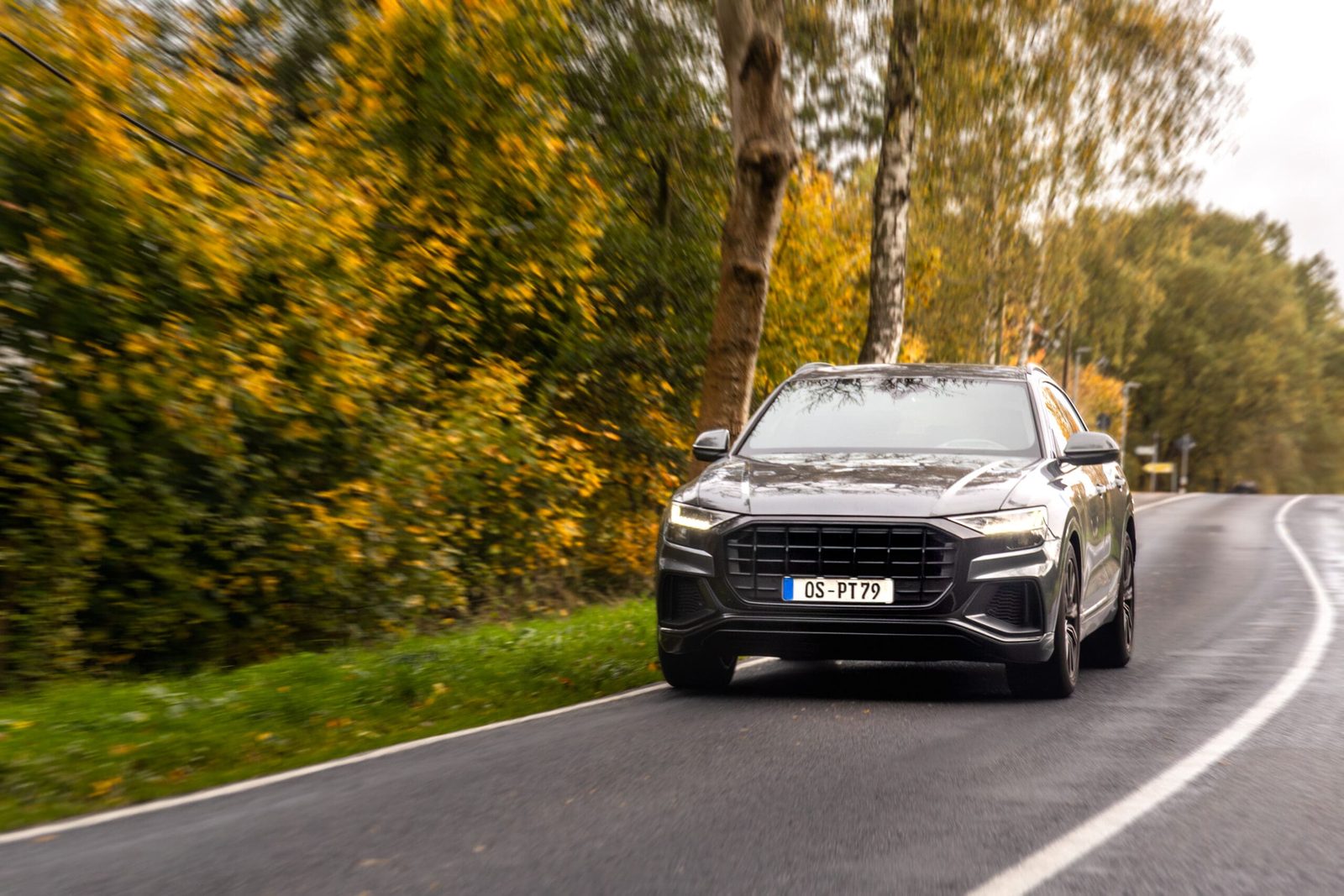 A stylish crossover drives on a damp road framed by golden fall trees, capturing autumn mood, power, and freedom.