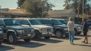 Scène réaliste montrant plusieurs SUV d’occasion garés dans une rue ensoleillée, avec des gens qui les observent et un décor urbain naturel et authentique.