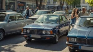 photo réaliste d'une voiture d'occasion bien entretenue dans une rue urbaine européenne avec d'autres voitures et une lumière naturelle de fin d'après-midi