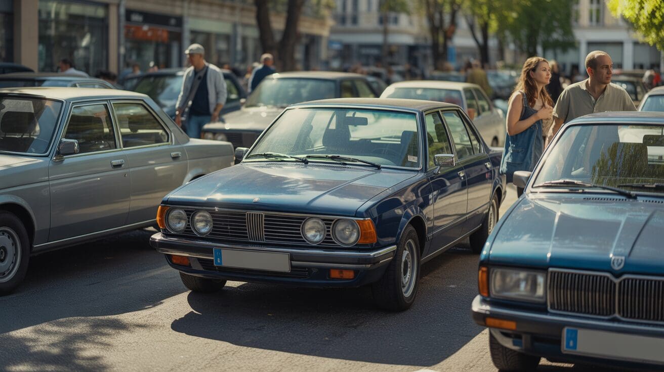photo réaliste d'une voiture d'occasion bien entretenue dans une rue urbaine européenne avec d'autres voitures et une lumière naturelle de fin d'après-midi