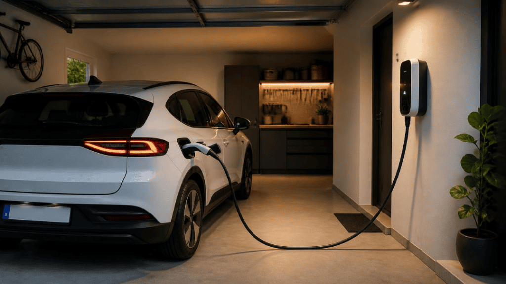Voiture électrique en recharge à domicile avec un câble branché dans un garage