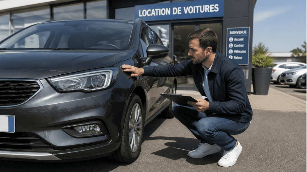 Client vérifiant l'état d'une voiture de location avant son départ