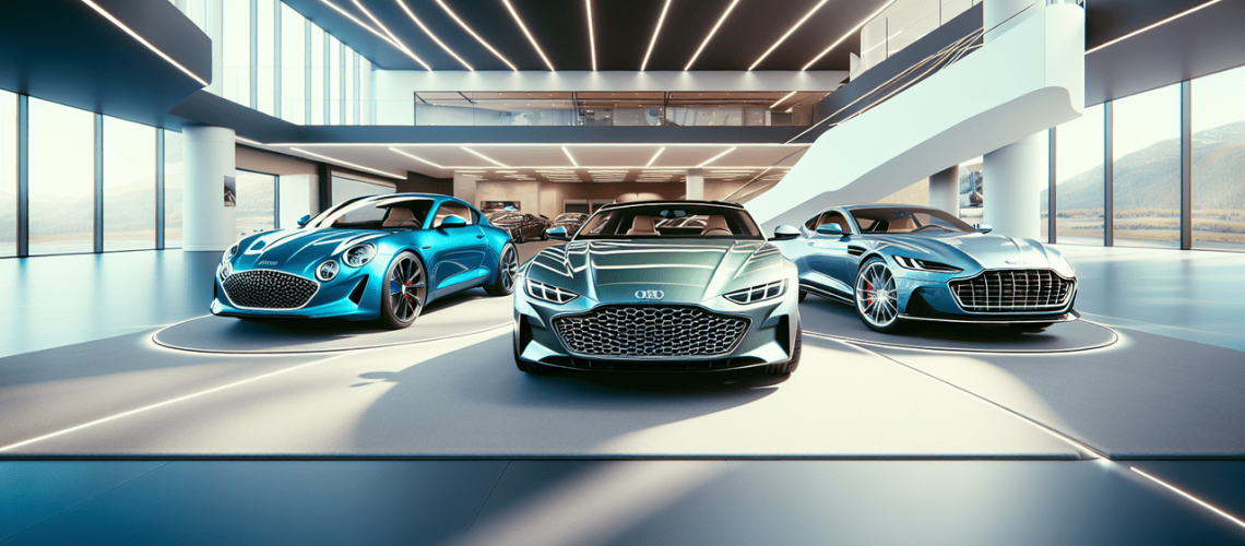 Modèles de voitures en A : Alpine A110 bleue, Audi A8 argentée, Aston Martin DB11 verte.