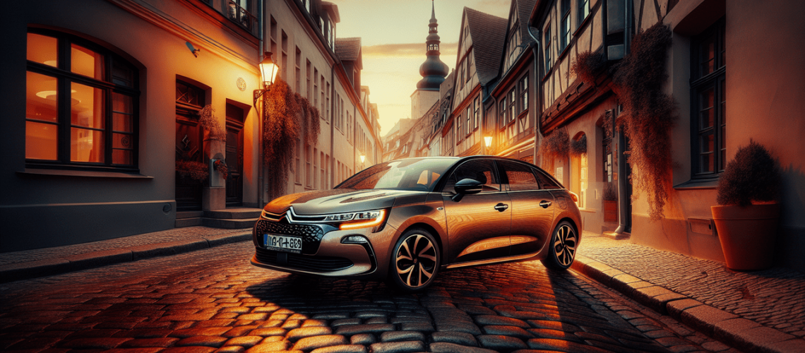 Voiture Citroën C4 garée sur une rue pavée au crépuscule, illuminée par la douce lumière dorée du soleil couchant.