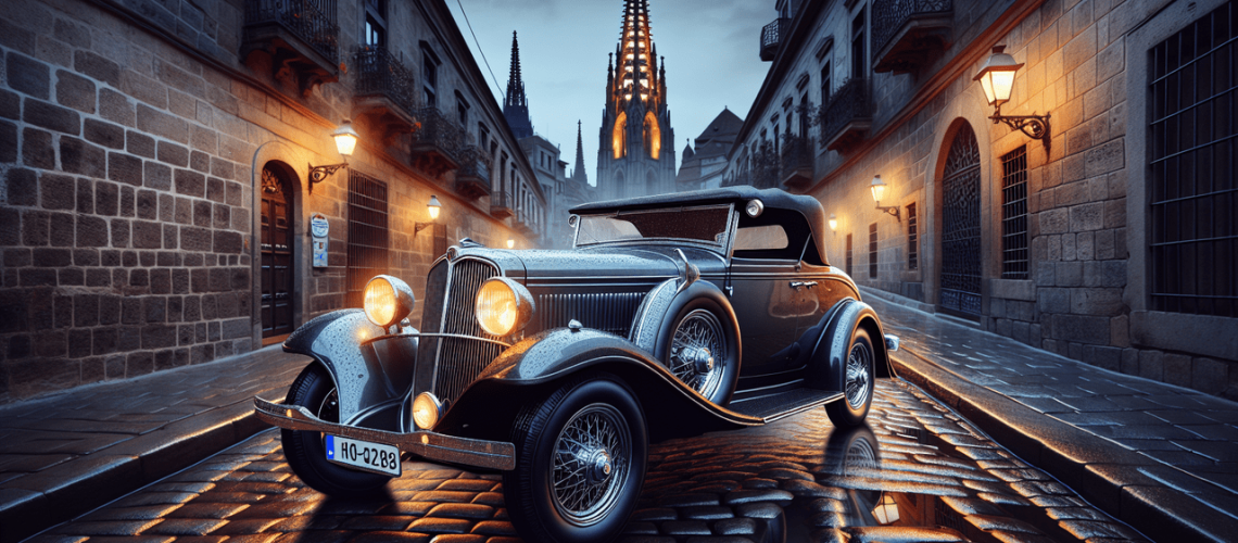 Model de voiture Delage D8-120 argent foncé dans Paris, tour Eiffel en arrière-plan.
