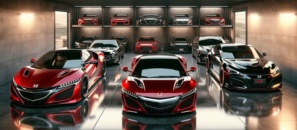 Modèle de voiture en H dans un garage luxueux, mettant en avant une Honda NSX rouge éclatante et une Hyundai Genesis noire sophistiquée, entourées d'autres voitures impeccables.