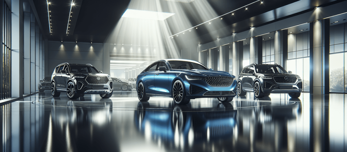 Affiche un modèle de voiture Jaguar XF bleu royal brillant avec d'autres voitures 'J' en arrière-plan. alt text : "Modèle de voiture Jaguar XF bleu avec autres voitures 'J' en arrière-plan"