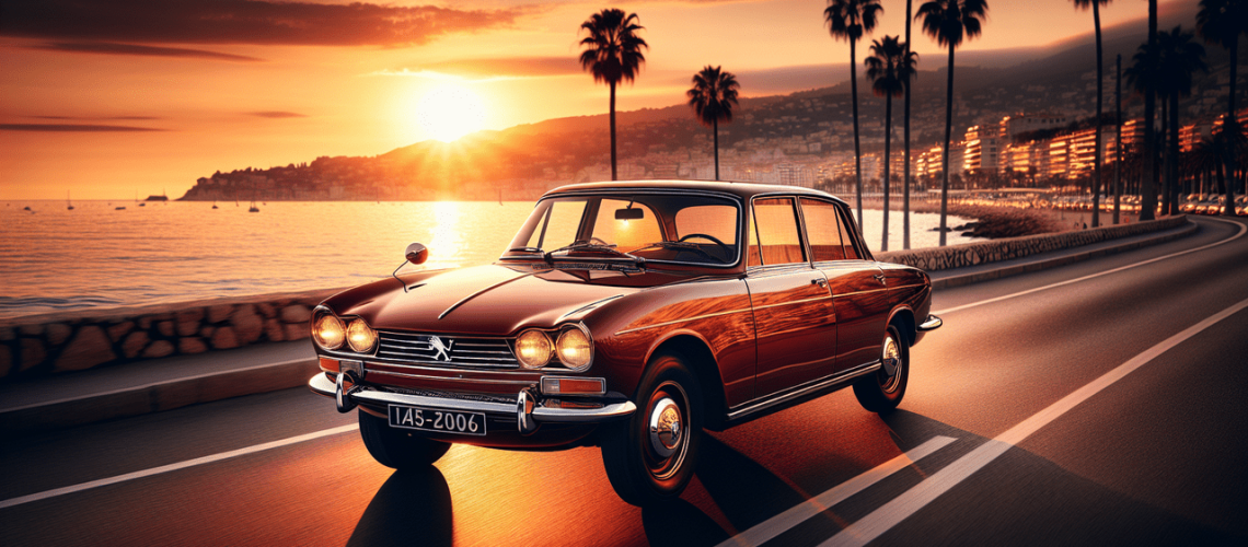 Voiture vintage Peugeot 504 - French Riviera, coucher de soleil sur mer et palmiers.