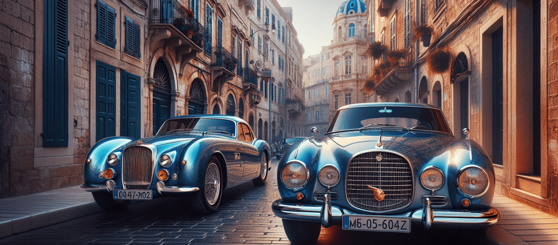 Créer image : "Renault et Rolls-Royce garées dans une rue européenne ensoleillée, côté pavs, piétons, bâtiments."