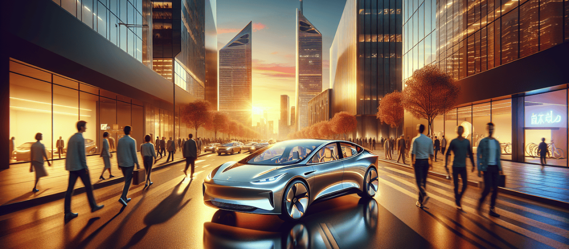 Modèle de voiture en T de luxe sur une rue animée, entouré de piétons, avec un environnement urbain moderne au coucher du soleil.