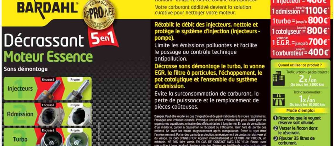 Décrassant moteur essence 5 en 1 Bardahl en conditionnement double, solution idéale pour l'entretien curatif