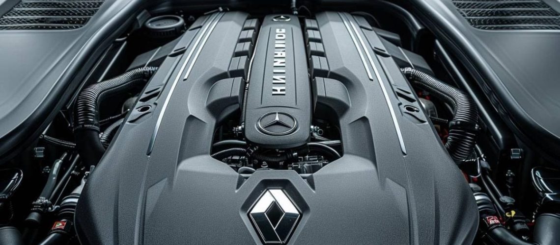 Vue détaillée d'un moteur Renault utilisé par Mercedes, illustrant la fiabilité mécanique