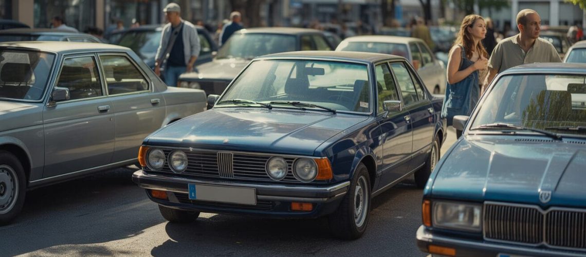 photo réaliste d'une voiture d'occasion bien entretenue dans une rue urbaine européenne avec d'autres voitures et une lumière naturelle de fin d'après-midi